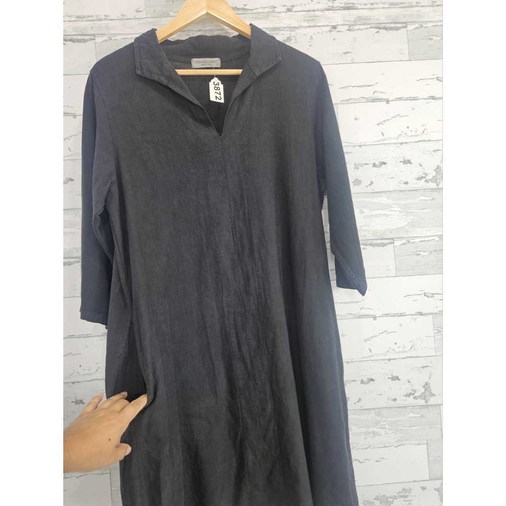 Terzo Millennio Italy Black Linen Blend V-Neck Tunic Dress Pockets Womens Large